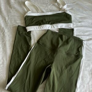 Olive Green and White Athletic Set - Sports Bra + Leggings